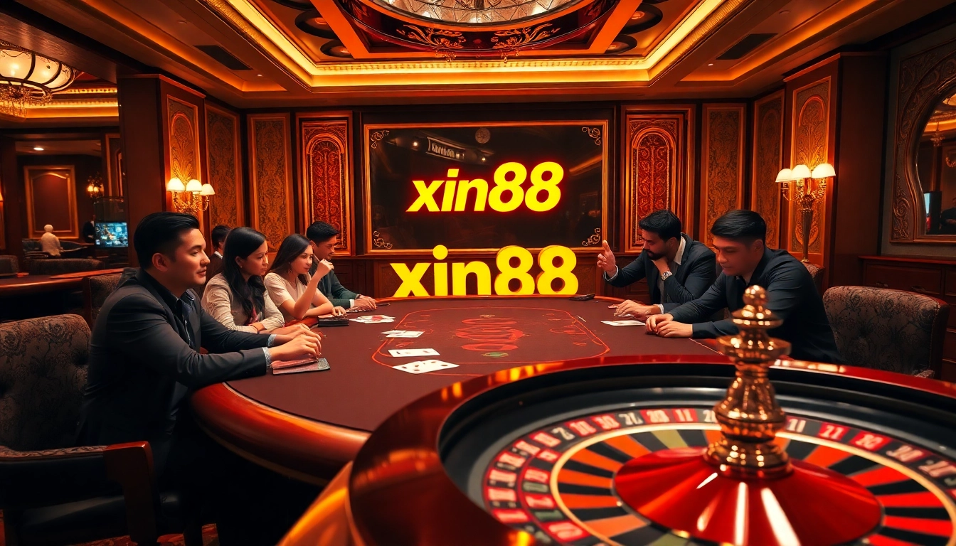 Excited players engage at the poker table in the xin88 casino, showcasing thrilling gaming action.