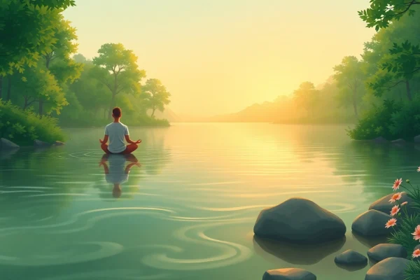 Enhancing emotional wellbeing through meditation in a tranquil lake setting.