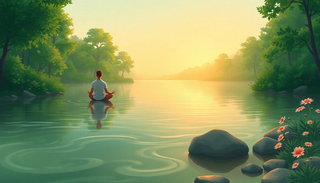 Enhancing emotional wellbeing through meditation in a tranquil lake setting.