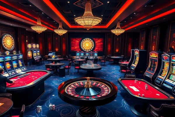 A lively casino scene at https://topclub.bond/ showcasing poker games, roulette, and vibrant slot machines.