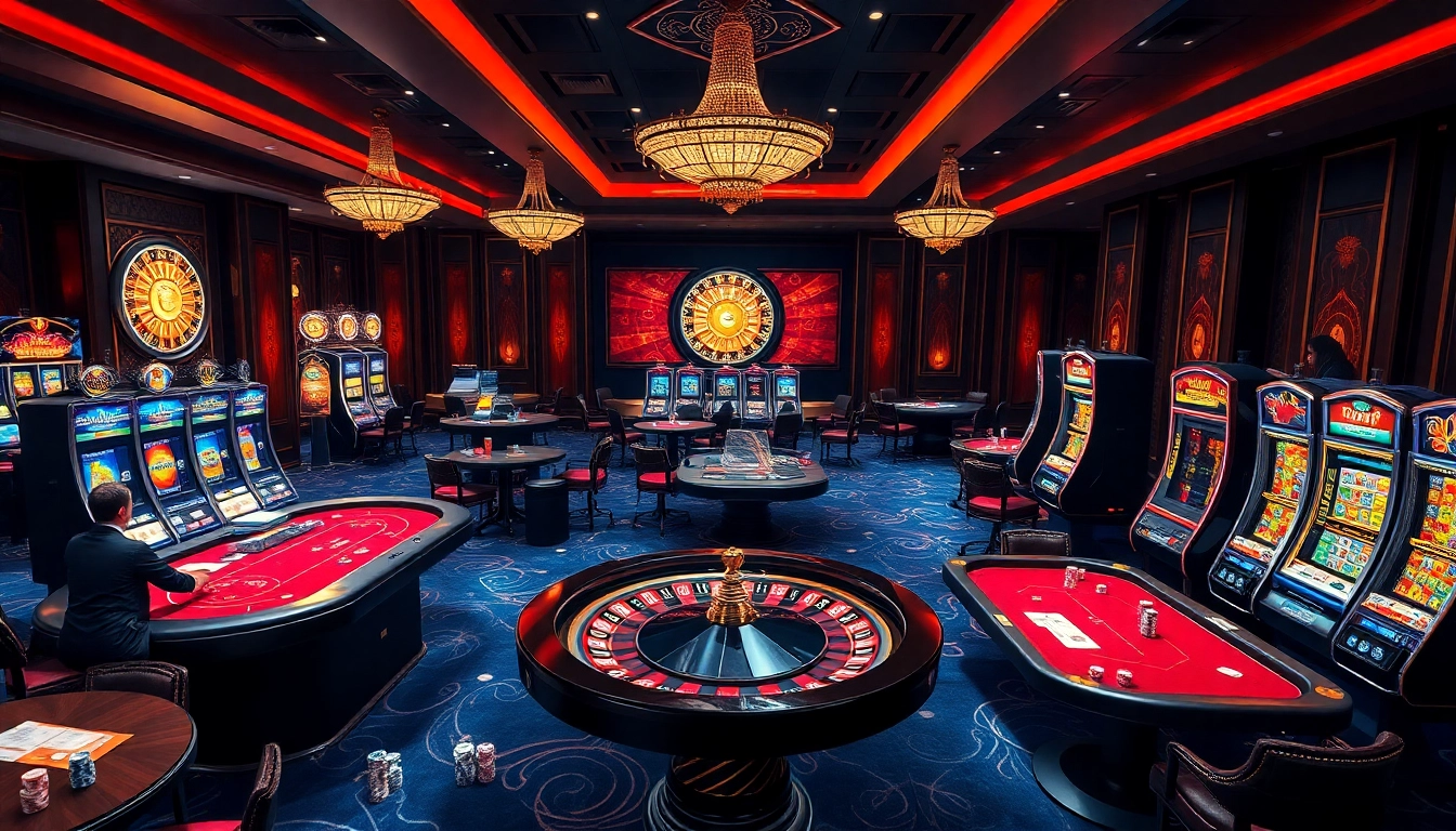 A lively casino scene at https://topclub.bond/ showcasing poker games, roulette, and vibrant slot machines.