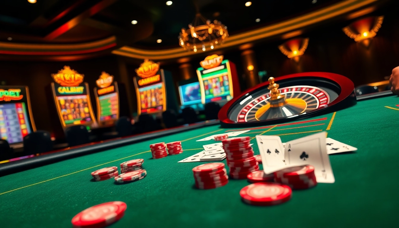 Exciting gaming moment at F8 BET casino with poker table, roulette wheel, and slot machines in play.