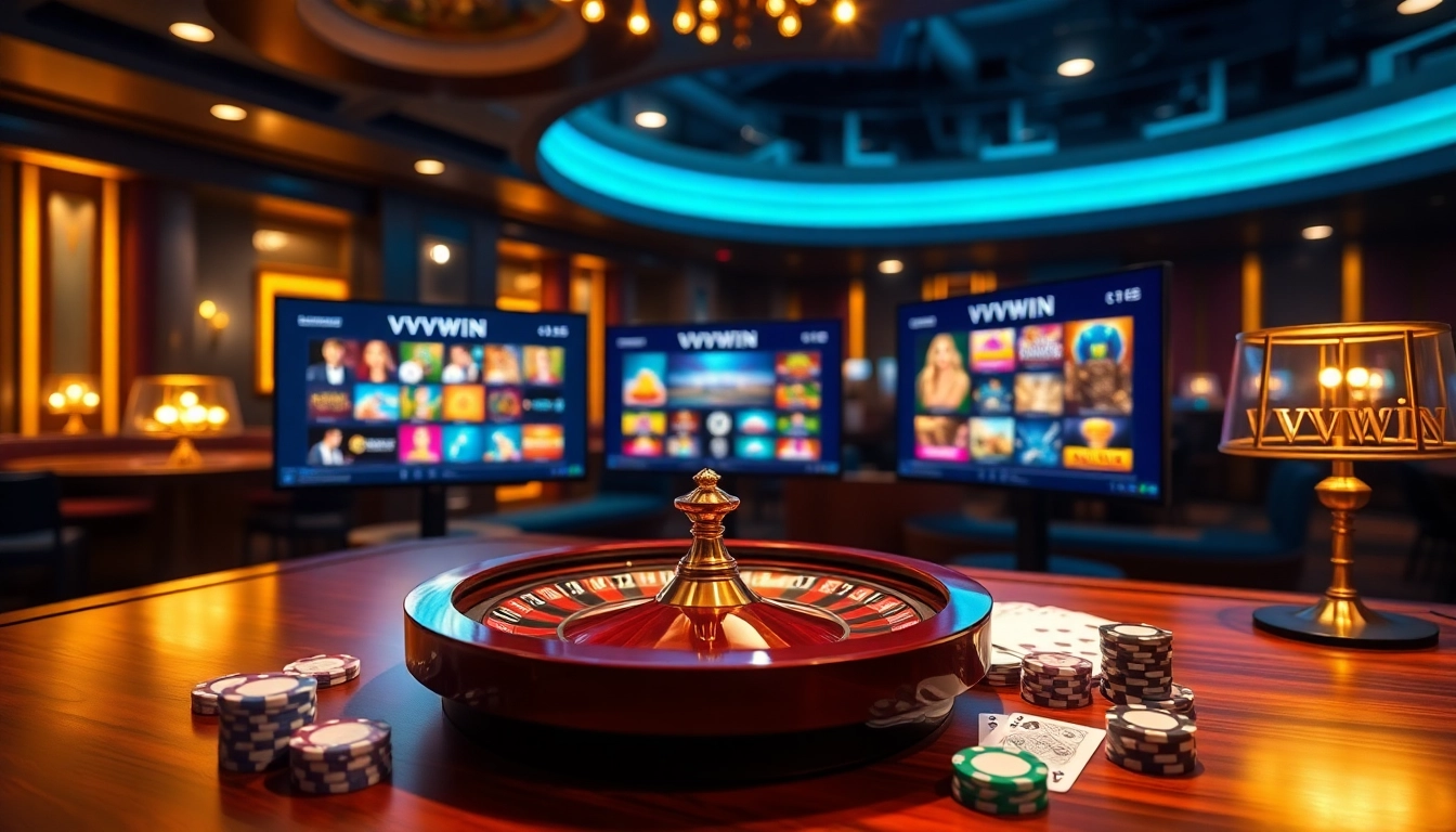 Experience the excitement of vvvwin with vibrant casino elements like cards and roulette.