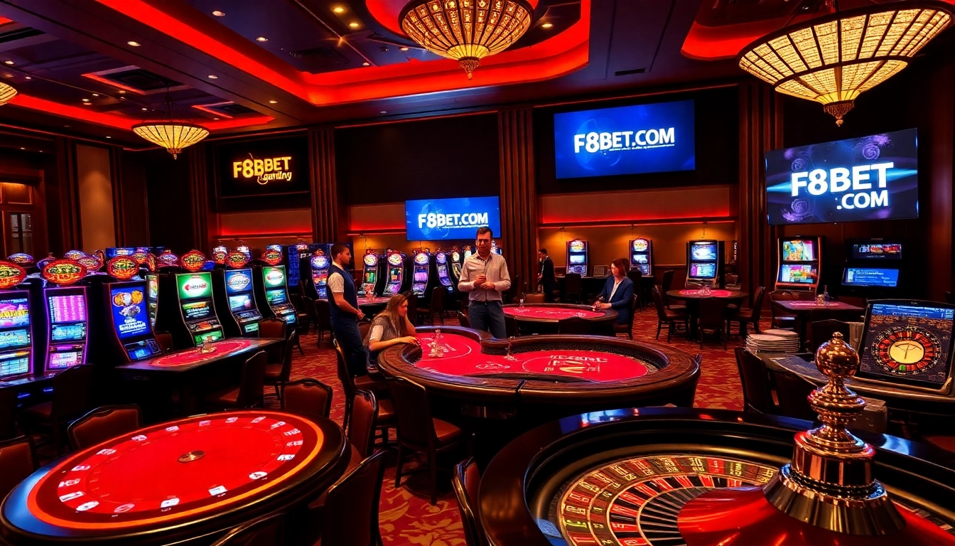 A thrilling gaming scene showcasing various casino games on F8BET.COM with vibrant tables and engaging players.