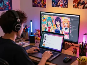 User engaged in hentai ai chat using laptop with anime characters on screen in a colorful workspace.
