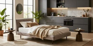 Entdecken Sie stilvolle Optionen zum Möbel Kaufen, mit einem modernen Wohnzimmer, das ein Zele Einzelbett und eine elegante Küchenzeile zeigt.