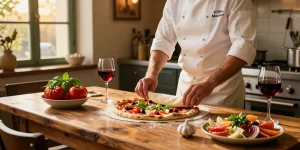 Delicious pizza preparation at Pizzeria Madera featuring fresh ingredients and pg soft ambiance