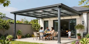 Moderne Terrassenüberdachung mit Familie im Garten.